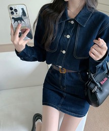 【ミニ丈】長袖 ヨーク切り替え ステッチ デニム ワンピース レディース
