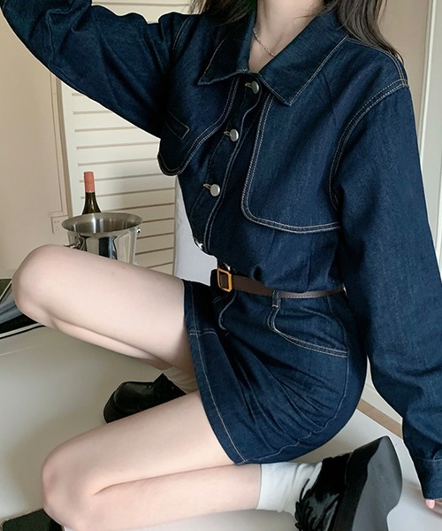 DAY CLOSET(デイ クローゼット)の「【ミニ丈】長袖 ヨーク切り替え ステッチ デニム ワンピース レディース(ワンピース・レディース・インディゴブルー/ライトブルー/ブラック・S/M/L)」の6枚目の写真