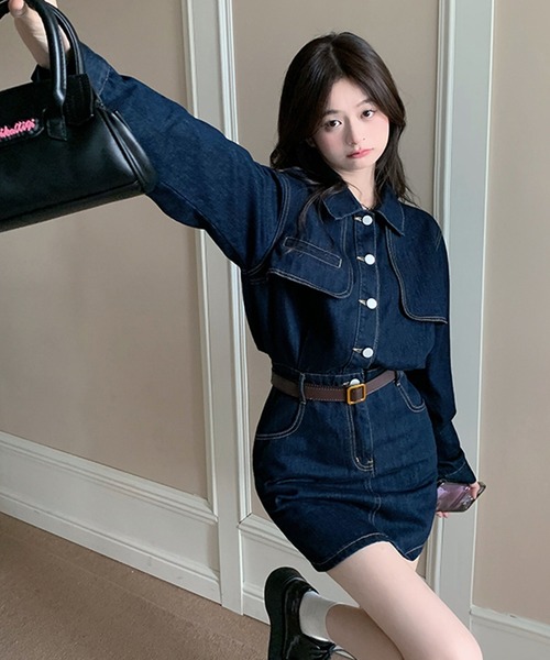 レディース 長袖ヨーク切り替えステッチミニ丈デニムワンピース