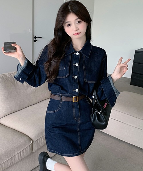 DAY CLOSET(デイ クローゼット)の「【ミニ丈】長袖 ヨーク切り替え ステッチ デニム ワンピース レディース(ワンピース・レディース・インディゴブルー/ライトブルー/ブラック・S/M/L)」の10枚目の写真