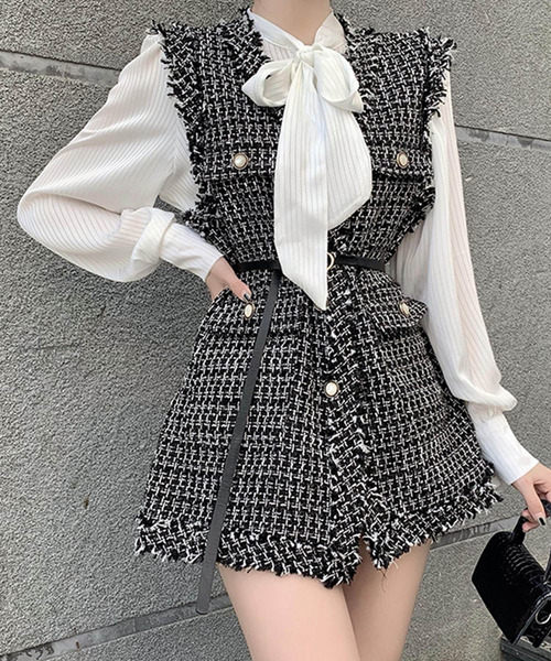 DAY CLOSET（デイ クローゼット）の「レディース フリンジツイードチェック風ベスト（ベスト・レディース・ブラック/ホワイト・ONE SIZE）」の2枚目の写真