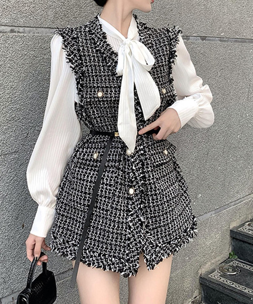 DAY CLOSET（デイ クローゼット）の「レディース フリンジツイードチェック風ベスト（ベスト・レディース・ブラック/ホワイト・ONE SIZE）」の10枚目の写真