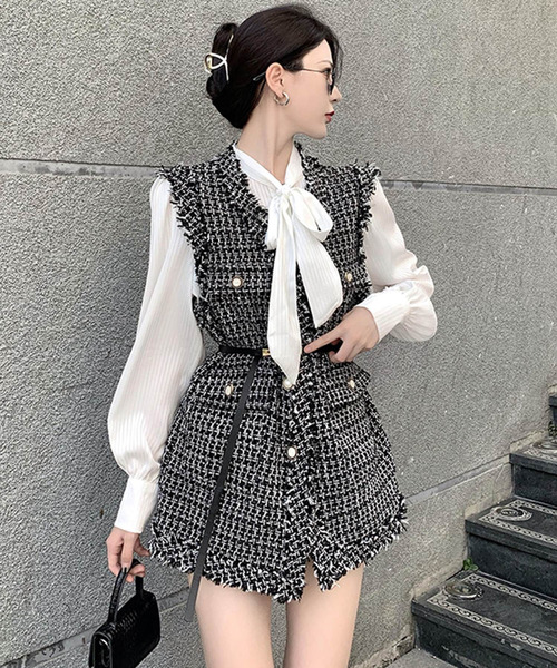 DAY CLOSET（デイ クローゼット）の「レディース フリンジツイードチェック風ベスト（ベスト・レディース・ブラック/ホワイト・ONE SIZE）」の13枚目の写真