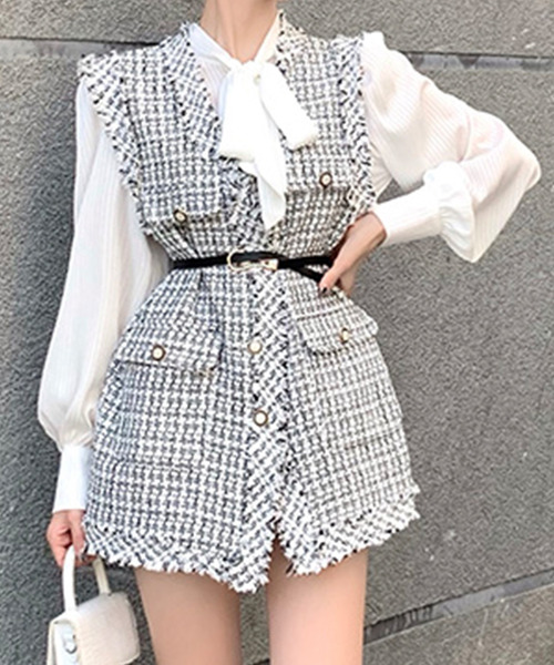 DAY CLOSET（デイ クローゼット）の「レディース フリンジツイードチェック風ベスト（ベスト・レディース・ブラック/ホワイト・ONE SIZE）」の4枚目の写真