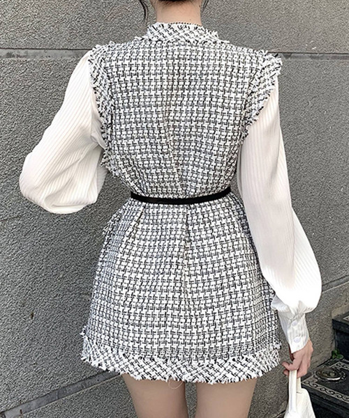 DAY CLOSET（デイ クローゼット）の「レディース フリンジツイードチェック風ベスト（ベスト・レディース・ブラック/ホワイト・ONE SIZE）」の5枚目の写真