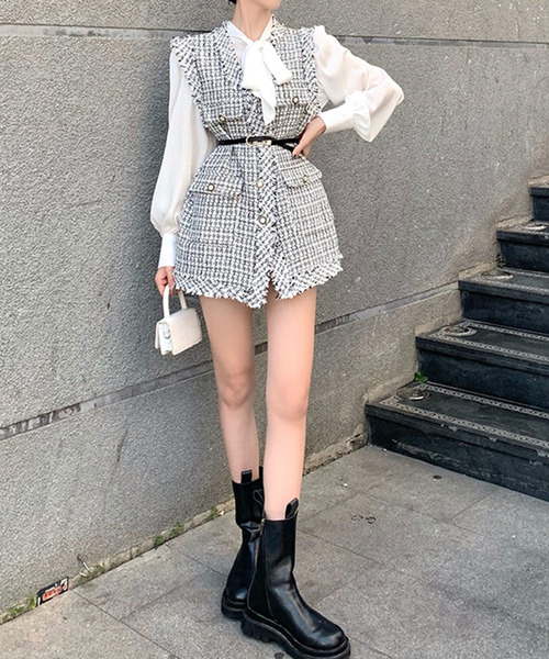 DAY CLOSET（デイ クローゼット）の「レディース フリンジツイードチェック風ベスト（ベスト・レディース・ブラック/ホワイト・ONE SIZE）」の6枚目の写真