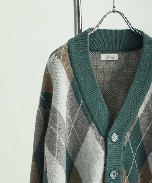 NILWAY(ニルウェイ)の「オーバーサイズダブルジャガードアーガイル柄カーディガン(カーディガン/ボレロ・メンズ・ブルー/グレイッシュベージュ/グリーン・MEDIUM/LARGE)」の7枚目の写真