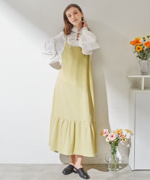 MERLOT（メルロー）の「【バックリボンで長さ調節】ぽこぽこキャミワンピース（ワンピース・レディース・オレンジ/ライトグリーン/ブラック・FREE）」の6枚目の写真