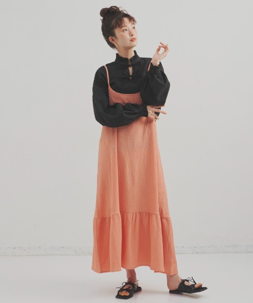 MERLOT（メルロー）の「【バックリボンで長さ調節】ぽこぽこキャミワンピース（ワンピース・レディース・オレンジ/ライトグリーン/ブラック・FREE）」の21枚目の写真