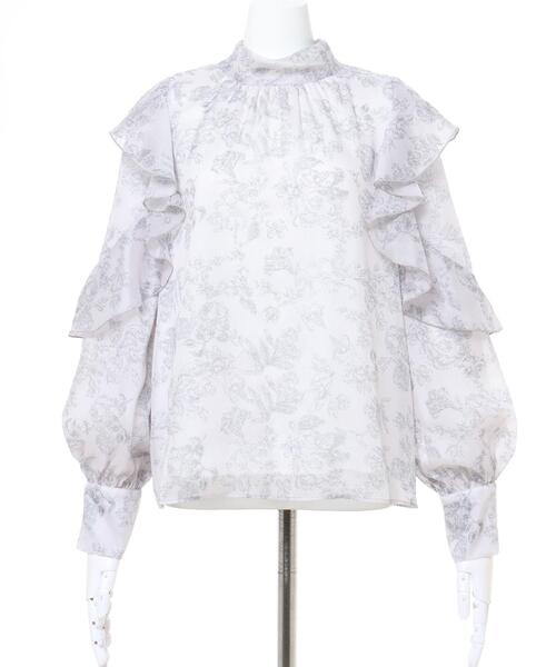 INGNI（イング）の「袖フリル花柄シアーブラウス（シャツ/ブラウス・レディース・ネイビー/ブラウン/グレー・M）」の4枚目の写真