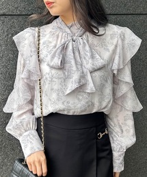 袖フリル花柄シアーブラウス