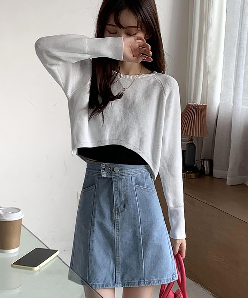 NinaetLina（ニナエリナ）の「クロップド丈長袖ニットソー（ニット/セーター・レディース・ライトベージュ/ブラック/モカ/ブラウン/ホワイト・FREE）」の2枚目の写真