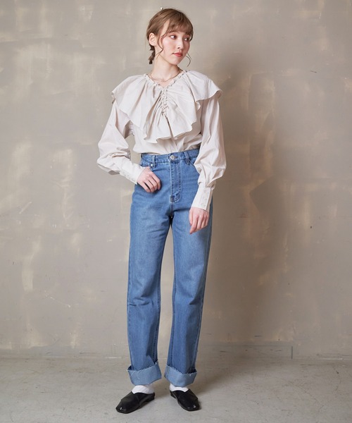 Lull（ルル）の「【Lull / ルル】ラッフルフリルブラウス（シャツ/ブラウス・レディース・ライトグレー/ブルー/ブラック/ホワイト・ONESIZE）」の18枚目の写真