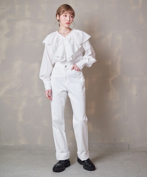 Lull（ルル）の「【Lull / ルル】ラッフルフリルブラウス（シャツ/ブラウス・レディース・ライトグレー/ブルー/ブラック/ホワイト・ONESIZE）」の20枚目の写真