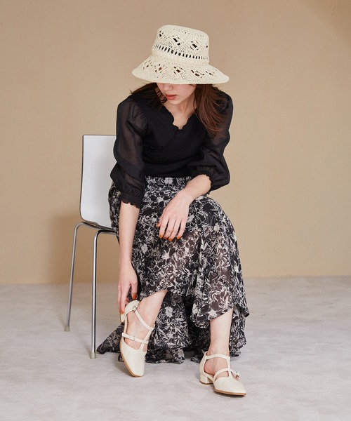 mysty woman(ミスティウーマン)の「カシュクール異素材プルオーバー 904313(シャツ/ブラウス・レディース・ブラック/オフホワイト/ライトグリーン/ブルー/モカ・FREE)」の12枚目の写真