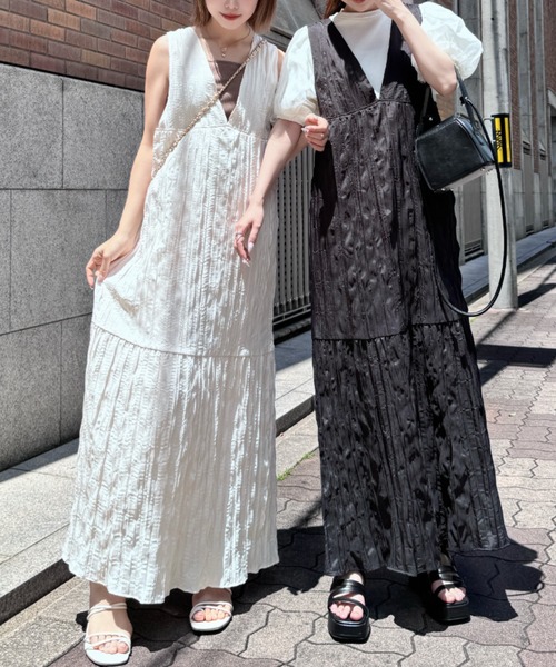 セール】シワ加工Vネックジャンスカ/ワンピース（ジャンパースカート