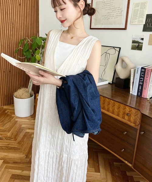 セール】シワ加工Vネックジャンスカ/ワンピース（ジャンパースカート