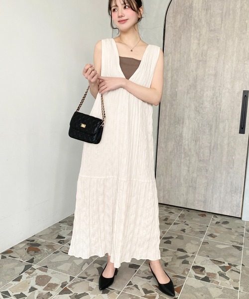 MT　Eワンピ　ホワイト セール】シワ加工Vネックジャンスカ/ワンピース（ジャンパー