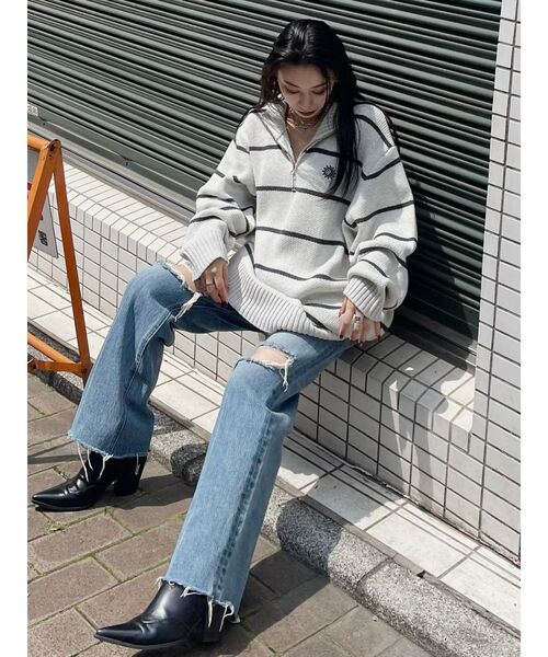 EVRIS（エヴリス）の「SUNNYハーフジップニットトップス（ニット/セーター・レディース・ブラック/カーキ/ホワイト/オレンジ/その他1/その他2/チャコールグレー/パープル・FREE）」の18枚目の写真