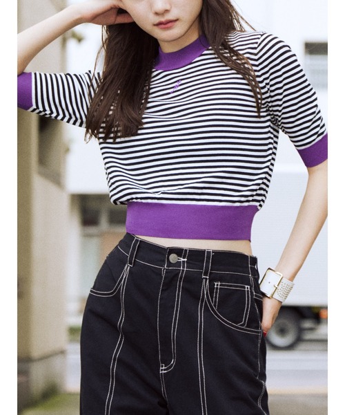 セール】ハイネックカラーニット【サマーニット/ボーダー】（ニット