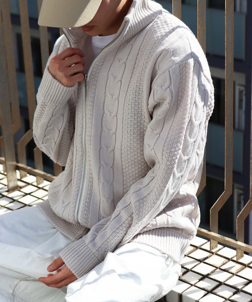 WESTSEA(ウエストシー)の「アラン柄 ダブルジップ ハイネックドライバーズニット(ニット/セーター・メンズ・ブラック/ホワイト系その他/ネイビー・M/L)」の1枚目の写真