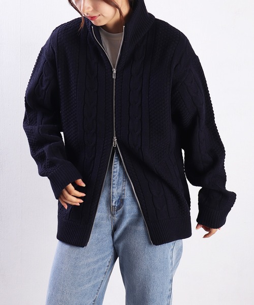 セール】アラン柄 ダブルジップ ハイネックドライバーズニット（ニット