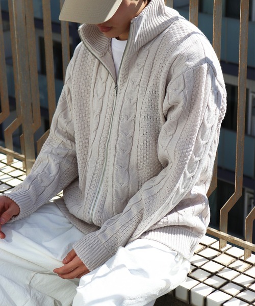 セール】アラン柄 ダブルジップ ハイネックドライバーズニット（ニット