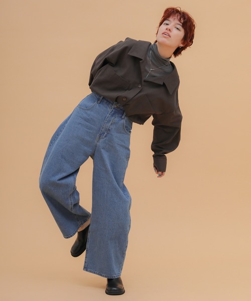 select MOCA(セレクトモカ)の「カーブワイドデニムパンツ(デニムパンツ・レディース・ケミカルウォッシュ/ダークインディゴブルー・FREE)」の11枚目の写真