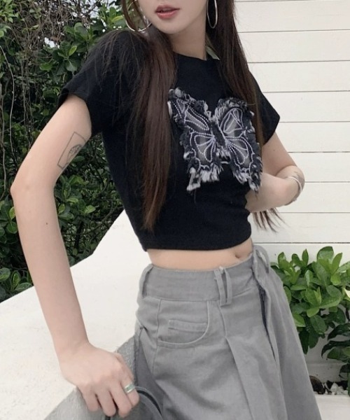 セール】バタフライクロップド半袖Tシャツ（Tシャツ/カットソー