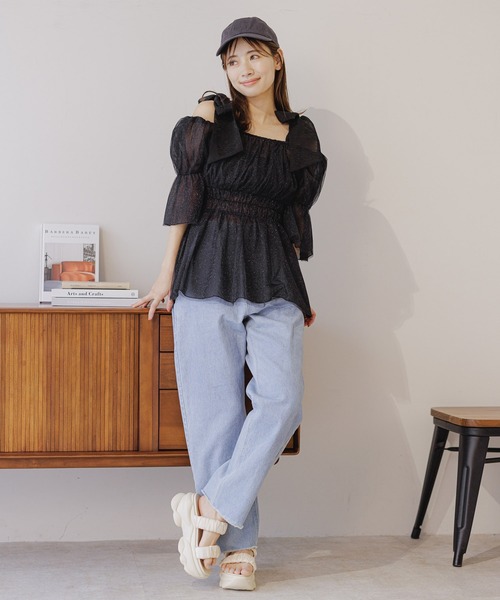 mysty woman（ミスティウーマン）の「リバーシブル肩リボンチュニック　122206（シャツ/ブラウス・レディース・ブルー/アイボリー/ブラック・FREE）」の22枚目の写真