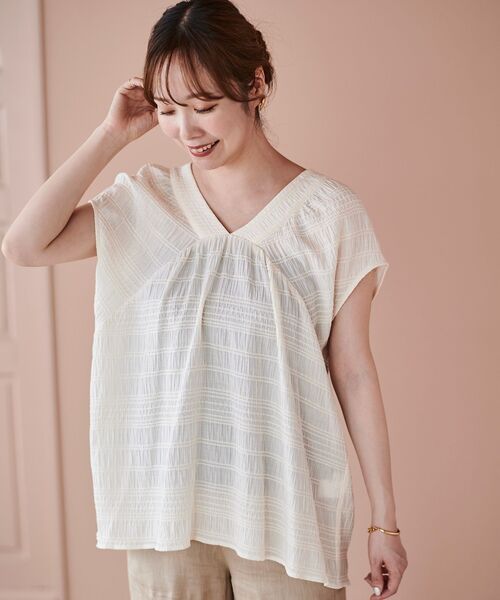 le.coeur blanc（ルクールブラン）の「シャーリングボーダーリボンブラウス（シャツ/ブラウス・レディース・オフホワイト/ブラック・38）」の7枚目の写真