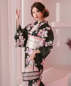 セール】浴衣セット レディース 黒緑×ニュアンス椿 ゆかた3点