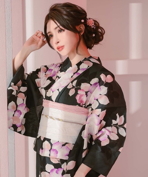 黒緑×ニュアンス椿 ゆかた3点セット (浴衣+平帯or作り帯+下駄) 浴衣セット レディース 黒緑×ニュアンス椿 ゆかた3点セット 浴衣 平帯 下駄