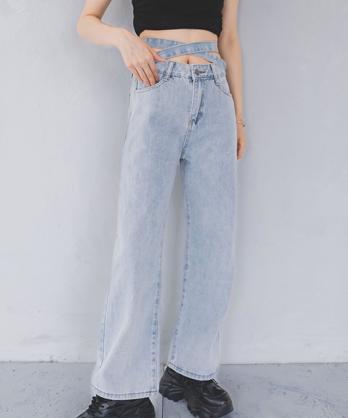 madrepadre(マドレパドレ)の「リボンハイウエストデニムパンツ(デニムパンツ・レディース・ブルー・MEDIUM/LARGE)」の1枚目の写真