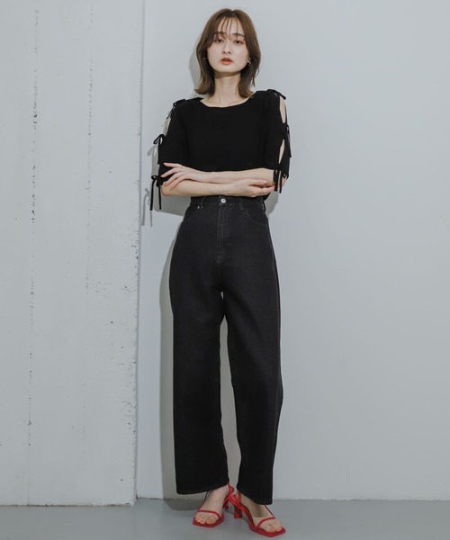 HEYUMM（ヘユム）の「リボンスリットスリーブセーター(5分袖)（ニット/セーター・レディース・ブラック/オフホワイト/チャコールグレー/イエロー・ONE）」の17枚目の写真