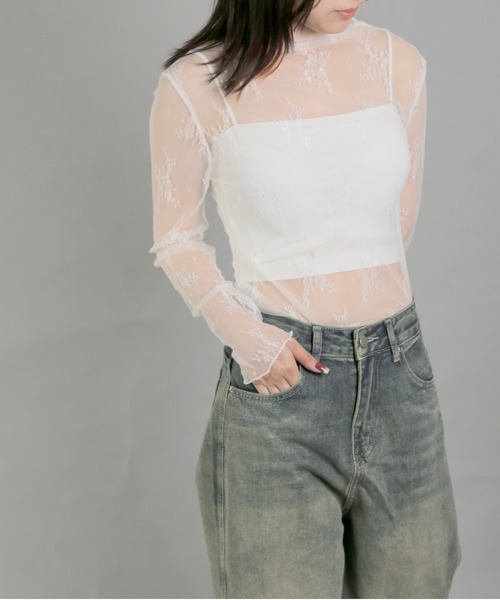 Chiina（チーナ）の「【Chiina】シースルーハイネックトップス（その他トップス・レディース・アイボリー/カーキ/ブルー/ピンク/ホワイト・FREE）」の2枚目の写真