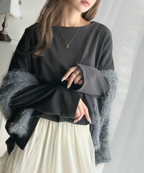 classicalelf(クラシカルエルフ)の「女性らしさ漂う、大人シンプル。シルケット風ボートネックロンTee(Tシャツ/カットソー・レディース・ブラック/チャコール/グレイッシュベージュ/オフホワイト・X-LARGE/SMALL/MEDIUM/LARGE)」の6枚目の写真