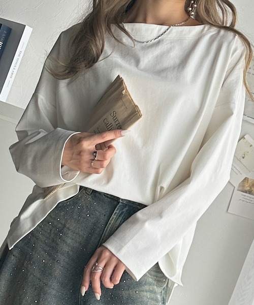 classicalelf(クラシカルエルフ)の「女性らしさ漂う、大人シンプル。シルケット風ボートネックロンTee(Tシャツ/カットソー・レディース・ブラック/チャコール/グレイッシュベージュ/オフホワイト・X-LARGE/SMALL/MEDIUM/LARGE)」の9枚目の写真