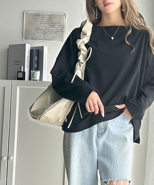 classicalelf(クラシカルエルフ)の「女性らしさ漂う、大人シンプル。シルケット風ボートネックロンTee(Tシャツ/カットソー・レディース・ブラック/チャコール/グレイッシュベージュ/オフホワイト・X-LARGE/SMALL/MEDIUM/LARGE)」の10枚目の写真