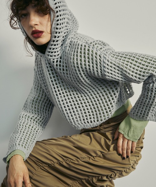 uyu.(ウユ)の「Short Mesh Knit Hoodie / ショートメッシュニットフーディー【uyu./ウユ】(パーカー・レディース・グレー/アイボリー/ブラック・FREE)」の3枚目の写真