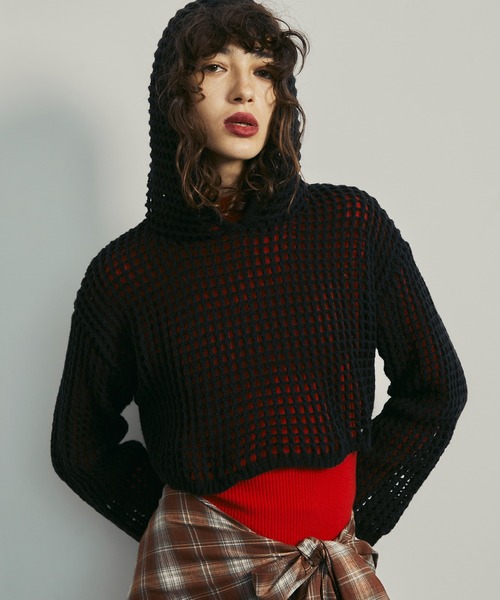 uyu.(ウユ)の「Short Mesh Knit Hoodie / ショートメッシュニットフーディー【uyu./ウユ】(パーカー・レディース・グレー/アイボリー/ブラック・FREE)」の2枚目の写真