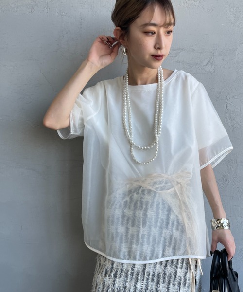 nenom（ネノム）の「[nenom/ネノム] 重ね着風 オーガンジーレイヤードシアーＴシャツ（Tシャツ/カットソー・レディース・グレー/オフホワイト/ブラック・F）」の2枚目の写真