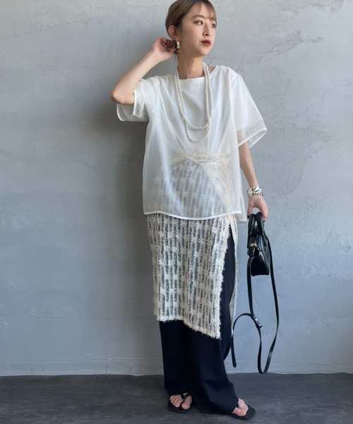 nenom（ネノム）の「[nenom/ネノム] 重ね着風 オーガンジーレイヤードシアーＴシャツ（Tシャツ/カットソー・レディース・グレー/オフホワイト/ブラック・F）」の13枚目の写真