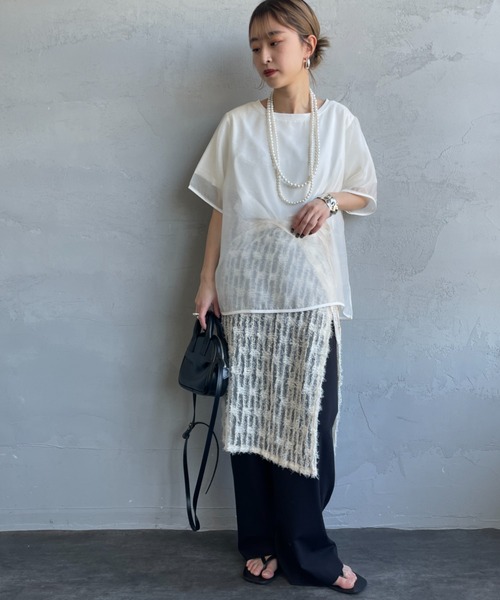 nenom（ネノム）の「[nenom/ネノム] 重ね着風 オーガンジーレイヤードシアーＴシャツ（Tシャツ/カットソー・レディース・グレー/オフホワイト/ブラック・F）」の8枚目の写真
