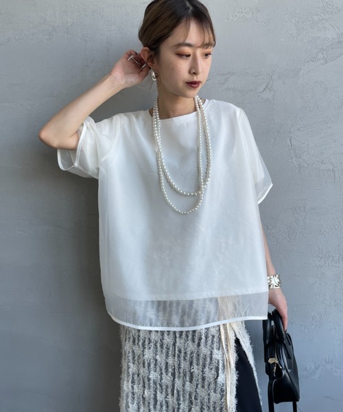 nenom（ネノム）の「[nenom/ネノム] 重ね着風 オーガンジーレイヤードシアーＴシャツ（Tシャツ/カットソー・レディース・グレー/オフホワイト/ブラック・F）」の16枚目の写真