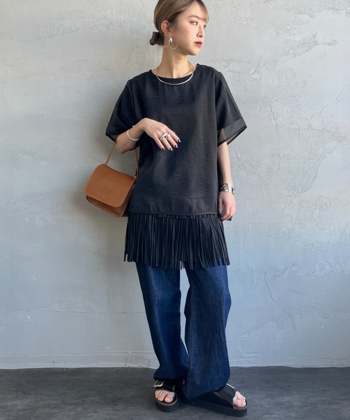 nenom（ネノム）の「[nenom/ネノム] 重ね着風 オーガンジーレイヤードシアーＴシャツ（Tシャツ/カットソー・レディース・グレー/オフホワイト/ブラック・F）」の9枚目の写真