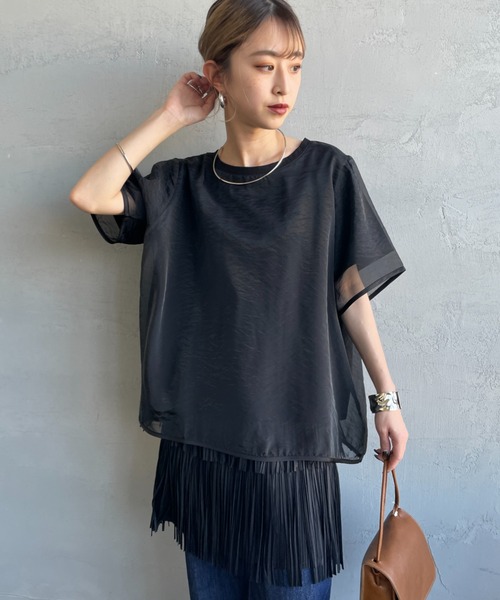nenom（ネノム）の「[nenom/ネノム] 重ね着風 オーガンジーレイヤードシアーＴシャツ（Tシャツ/カットソー・レディース・グレー/オフホワイト/ブラック・F）」の22枚目の写真