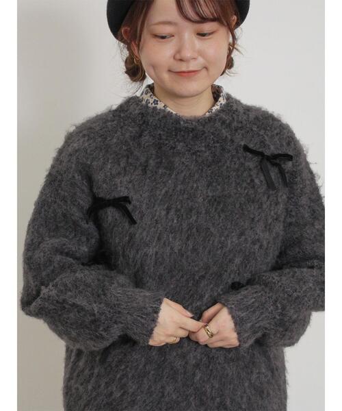 Samansa Mos2（サマンサ モスモス）の「ベロアリボン付ニット（ニット/セーター・レディース・チャコールグレー/サックスブルー/キナリ・F）」の4枚目の写真