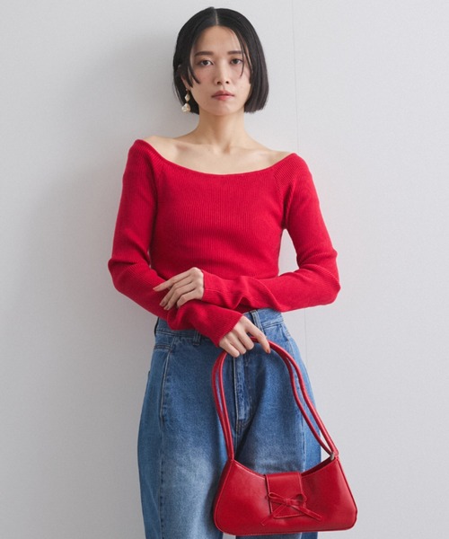 QUEENS COURT（クイーンズコート）の「オフショルリブニット≪手洗い可能≫（ニット/セーター・レディース・ピンク/レッド/オフホワイト/ブラック・M）」の4枚目の写真