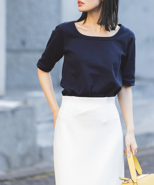 Noble(ノーブル)の「《追加》スビンコットンソフトスクエアーネックTシャツ(Tシャツ/カットソー・レディース・ピンク/ネイビー/ホワイト/ブラック・FREE)」の4枚目の写真